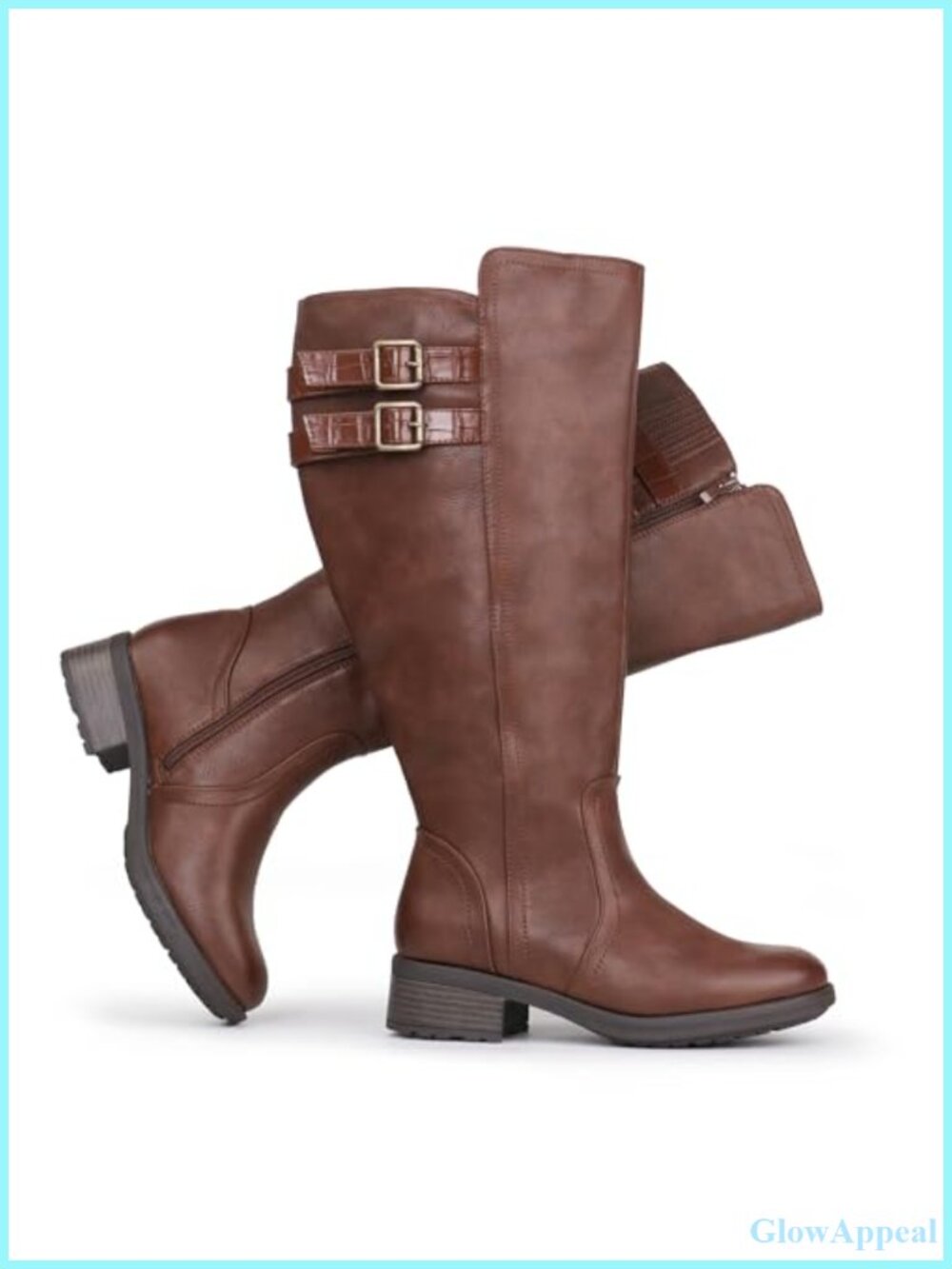 Women's Extra Wide Calf Knee High Block Heel Boots Hidden Stretch Buckle